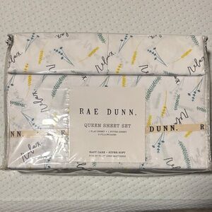 Rae Dunn White Sheet Set with Blue, Yellow, Green Accents